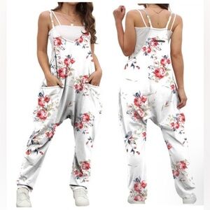 White Floral Strappy Romper Jumpsuit with Pockets
